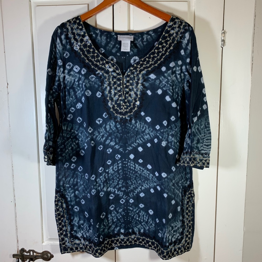 Soft Surroundings Womens Blue Tie Dye Embroidered Cotton Tunic Top Large‎ 26502